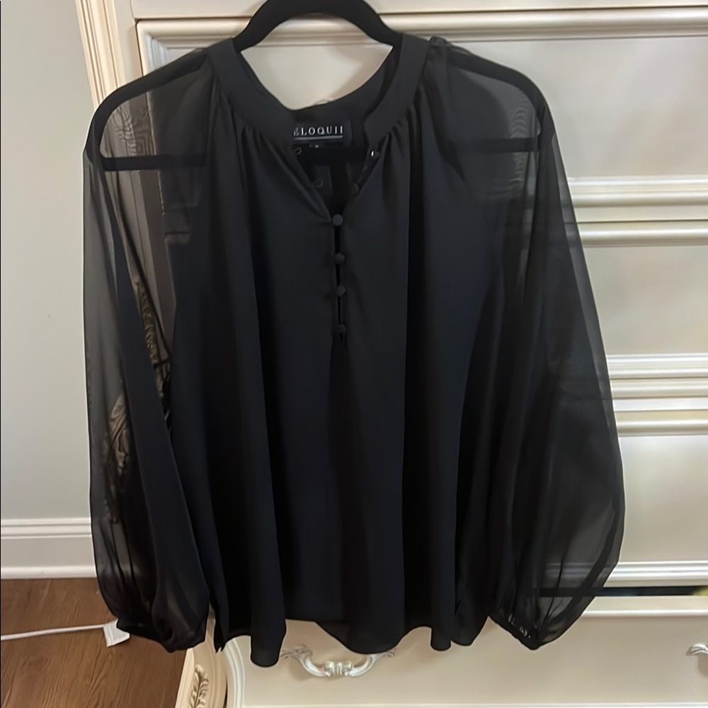 Eloquii Black Sheer Bishop Sleeve Blouse